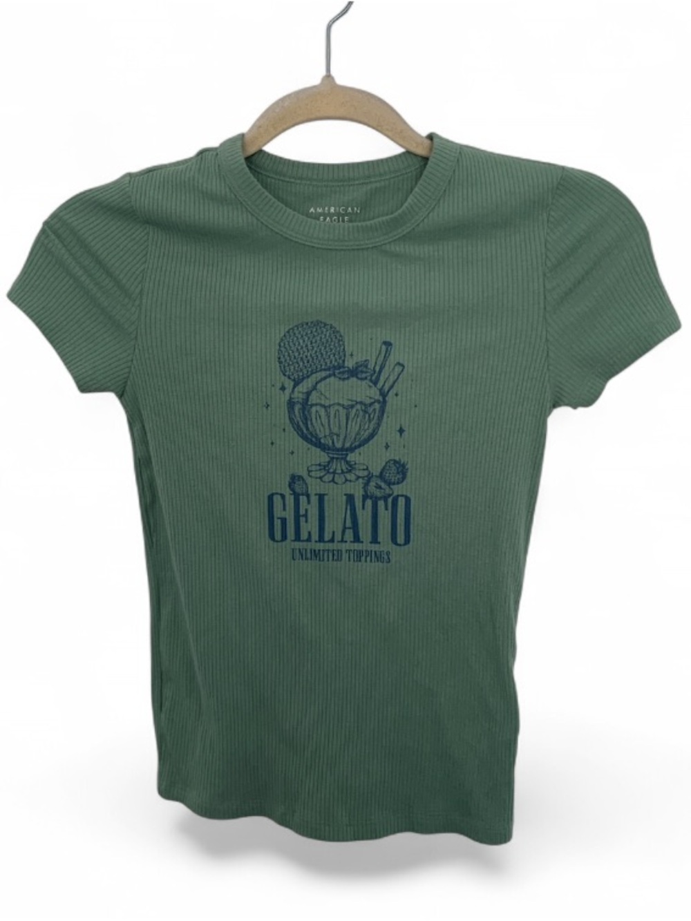 American Eagle Outfitters 'Gelato' Graphic Green Ribbed Short Sleeve Tee Shirt